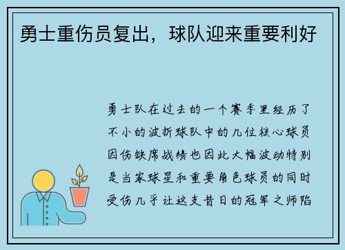 勇士重伤员复出，球队迎来重要利好